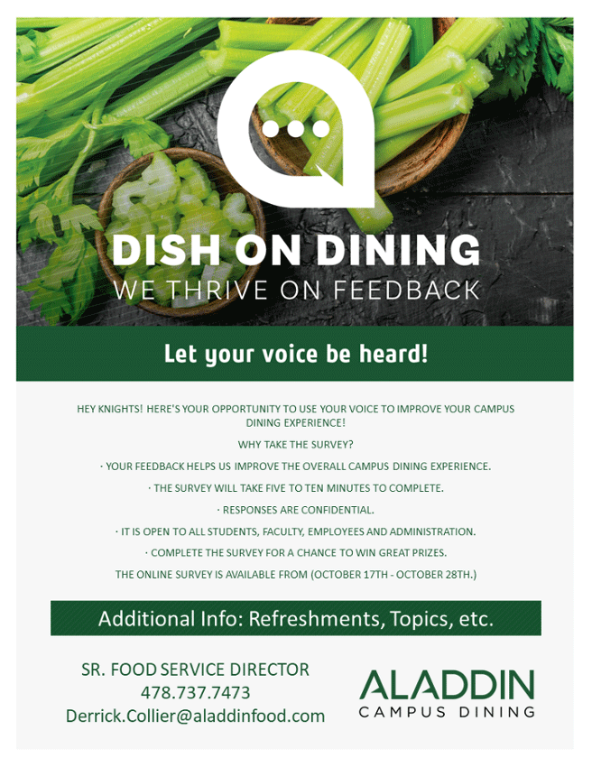 Dish on Dining student survey flyer. 